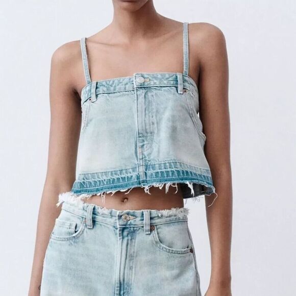 Zara Women's Cropped Denim Tank Top Blue Frayed Hem Size XS NWT Light Wash - Picture 1 of 14